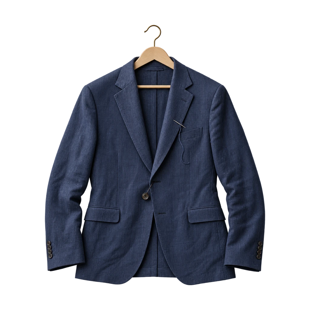 Donkerblauw linnen colbert op een hanger