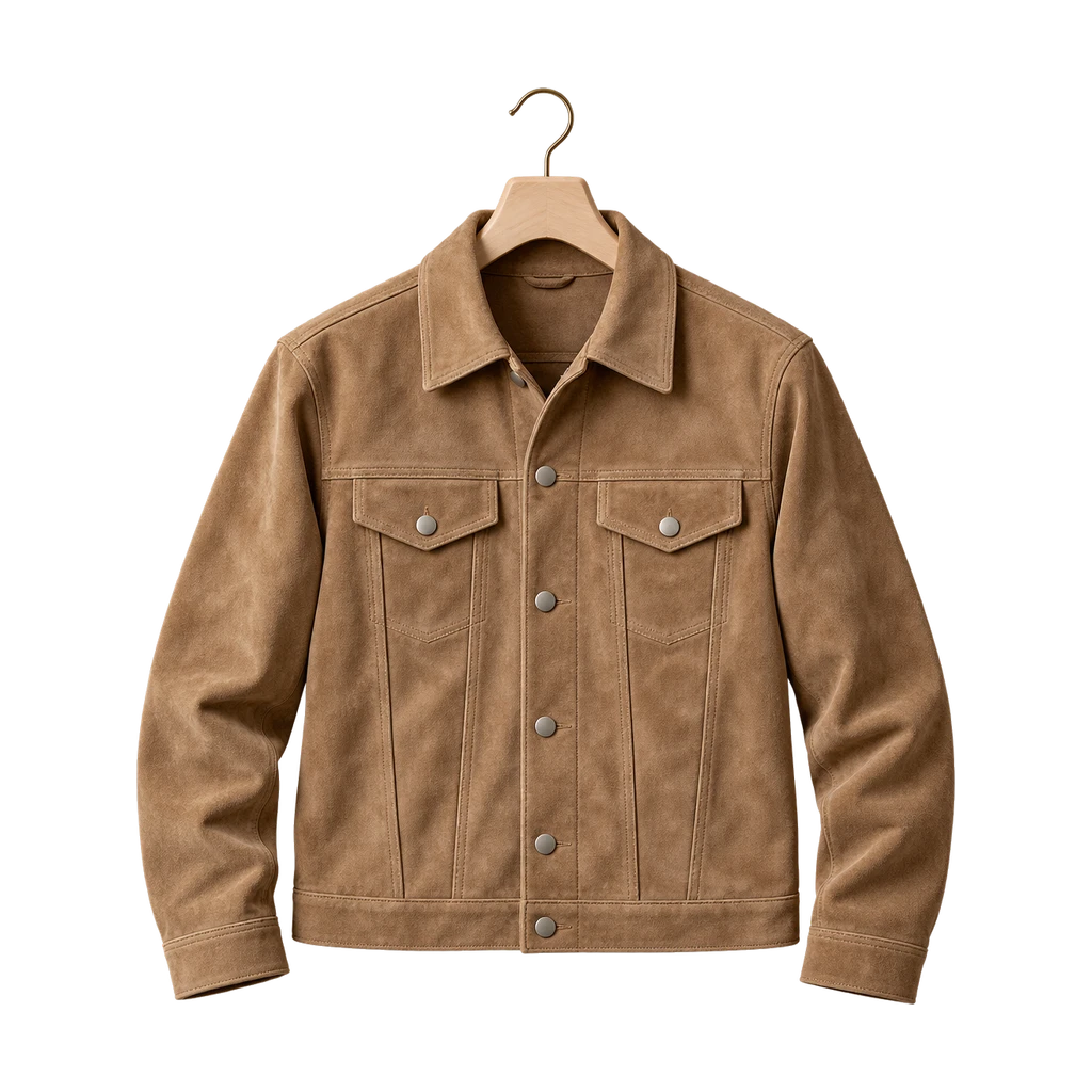 Camelkleurig suède jack op een hanger