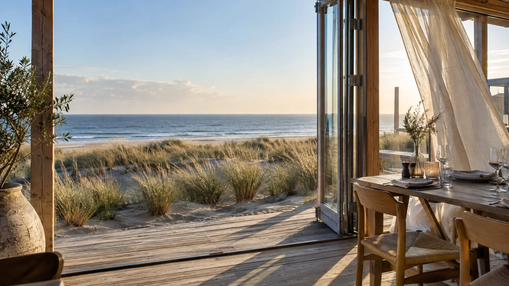Open strandtent met zicht op zee