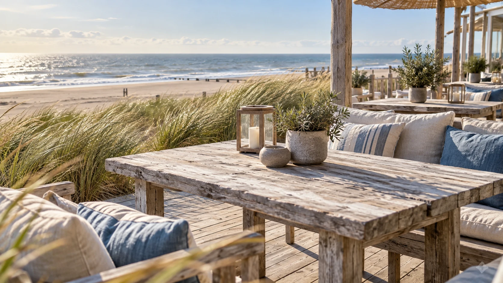 Houten terras tussen het helmgras