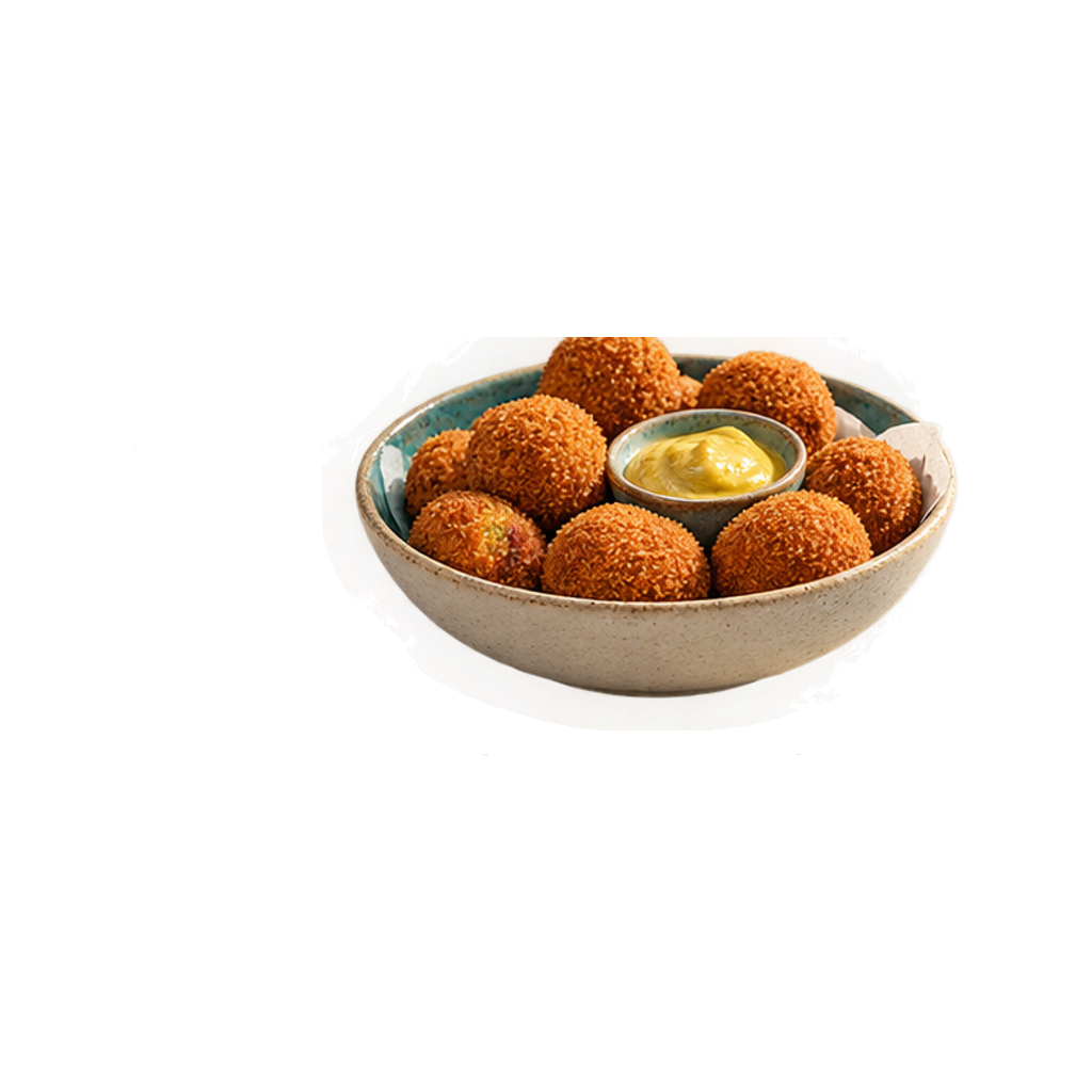 Acht bitterballen in een stenen schaal met een potje grove mosterd