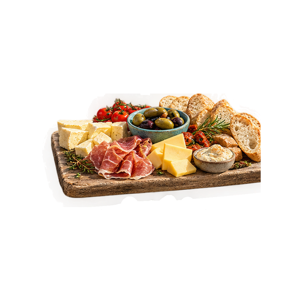 Borrelplank op drijfhout met oude kaas, droge worst, olijven en crackers