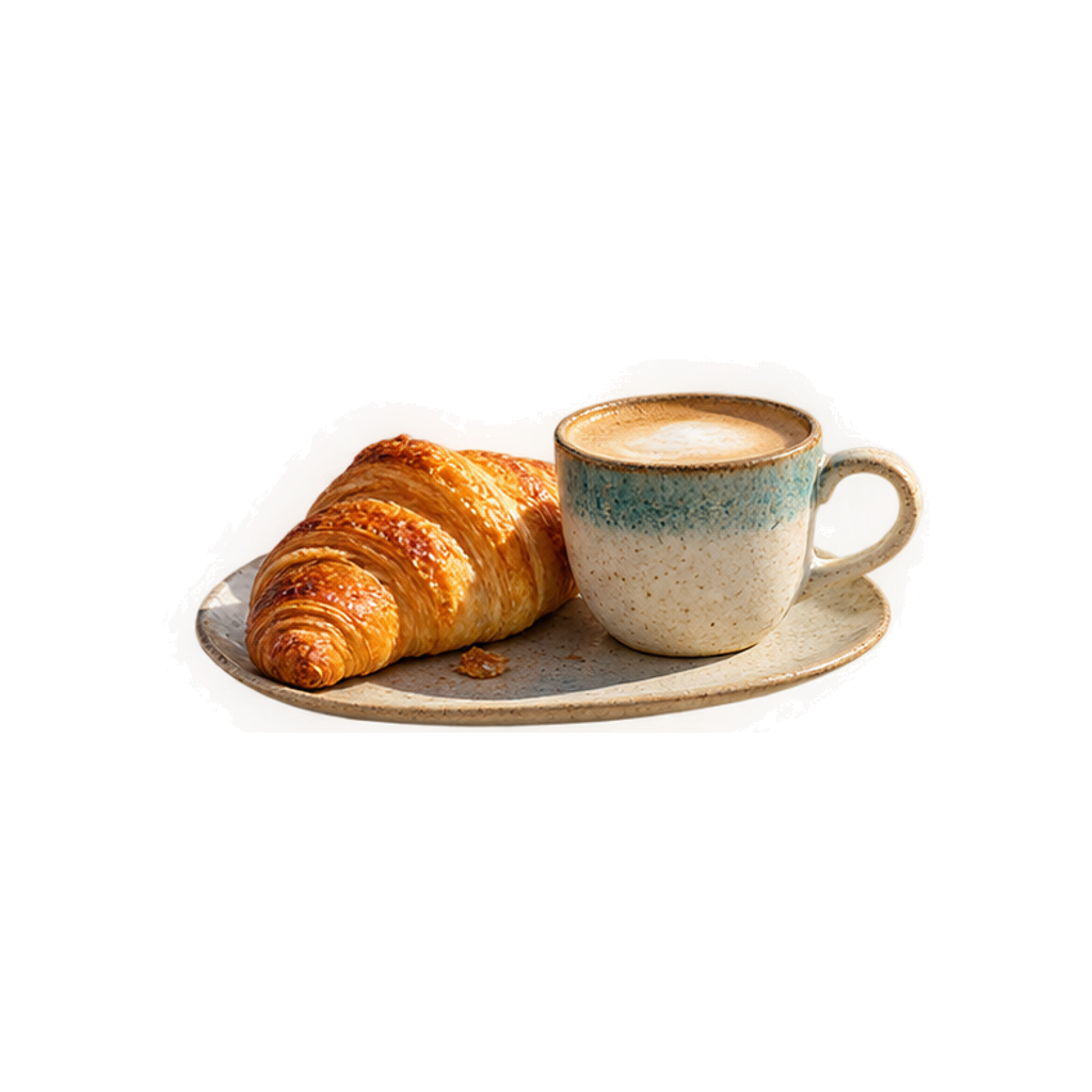 Roomboter-croissant naast een cappuccino in een zeegroene kop