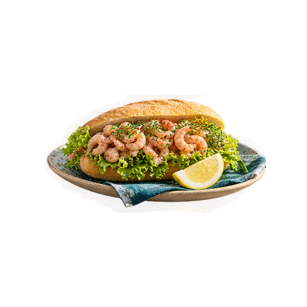 Open broodje desem met Hollandse garnalen, rucola en een partje citroen op drijfhout