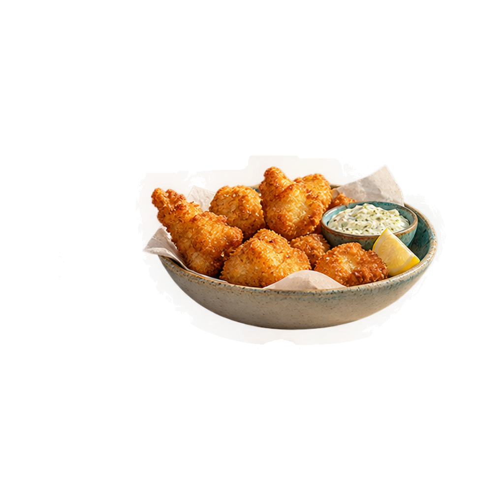 Kibbeling in een stenen schaaltje met citroen en een potje kruidenremoulade