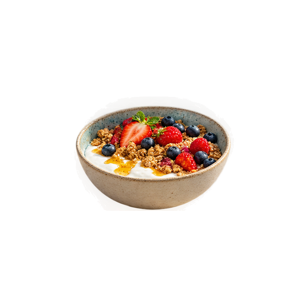 Yoghurtkom met granola, blauwe bessen en aardbeien in een zandkleurige kom