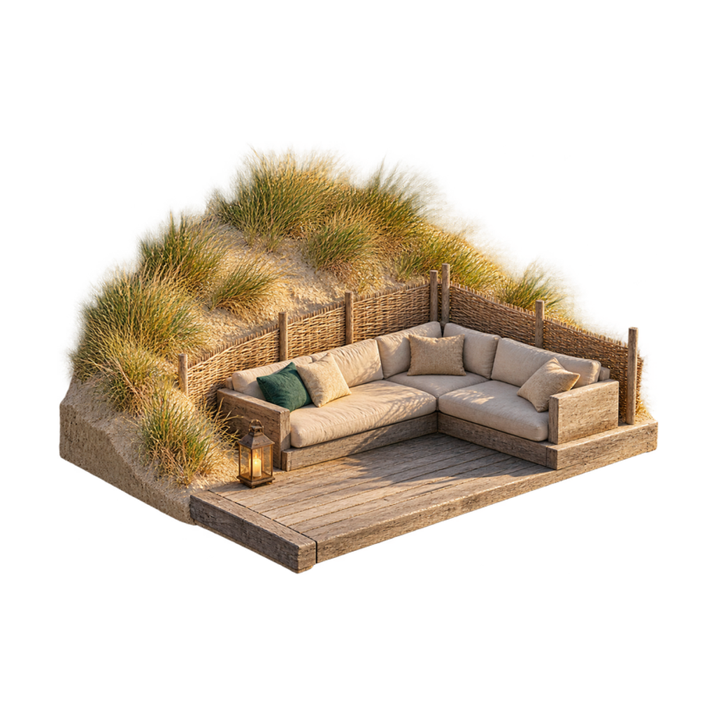 Maquette van een loungehoek tegen de duin, achter een laag rietscherm met helmgras