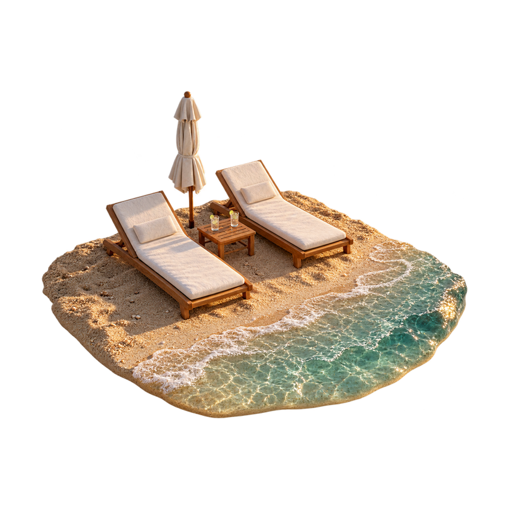 Maquette van twee strandbedden aan de waterlijn, met parasol en een bijzettafeltje