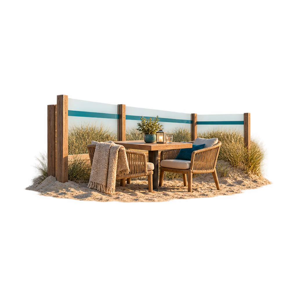 Maquette van de terrashoek achter een glazen windscherm, met twee stoelen en een gevouwen plaid