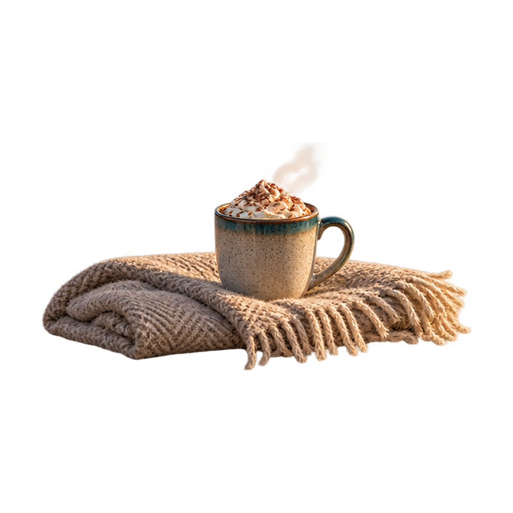 Mok warme chocolademelk met slagroom op een gebreide plaid