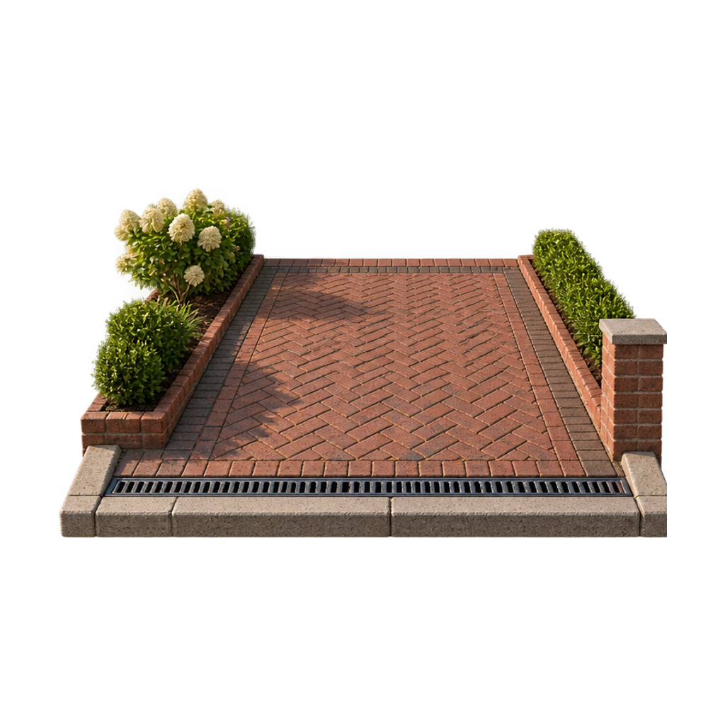 Maquette van een oprit met antraciet betonklinkers in keperverband, met puin en zand in de doorsnede