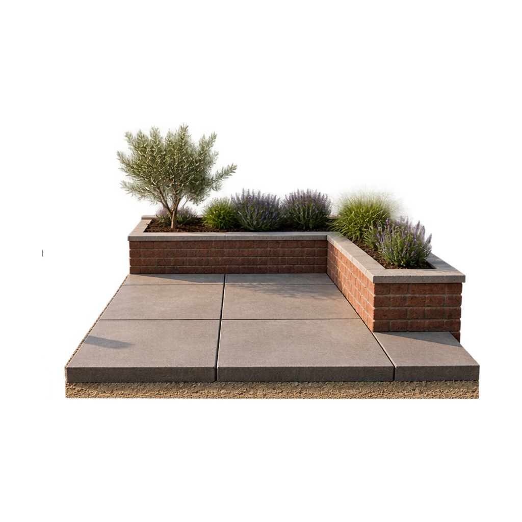 Maquette van een terras met grote keramische tegels, een rand gebakken klinkers en een goot langs de gevel