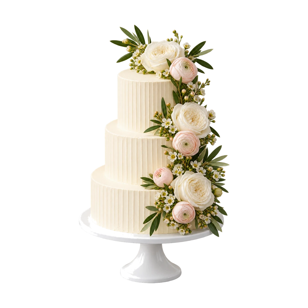 Bruidstaart van drie lagen met een schuine waterval van bloemen van boven naar onder
