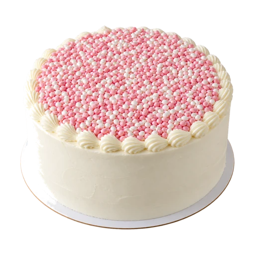 Ronde taart helemaal bedekt met roze en witte muisjes