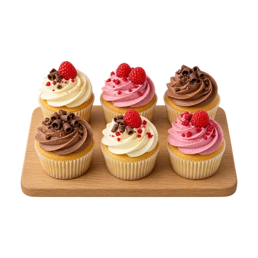 Zes cupcakes met botercrème op een houten plankje