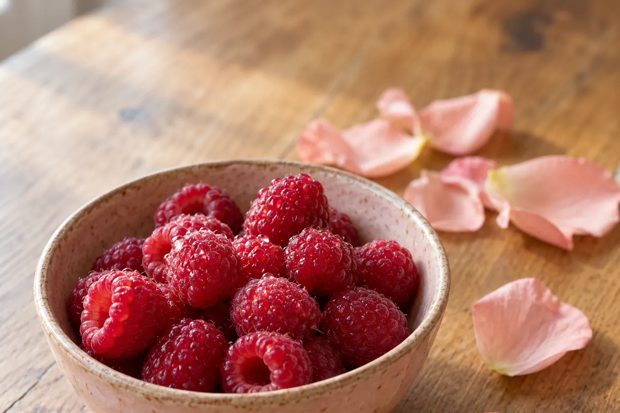 Schaaltje frambozen met rozenblaadjes, naar de taartbouwer