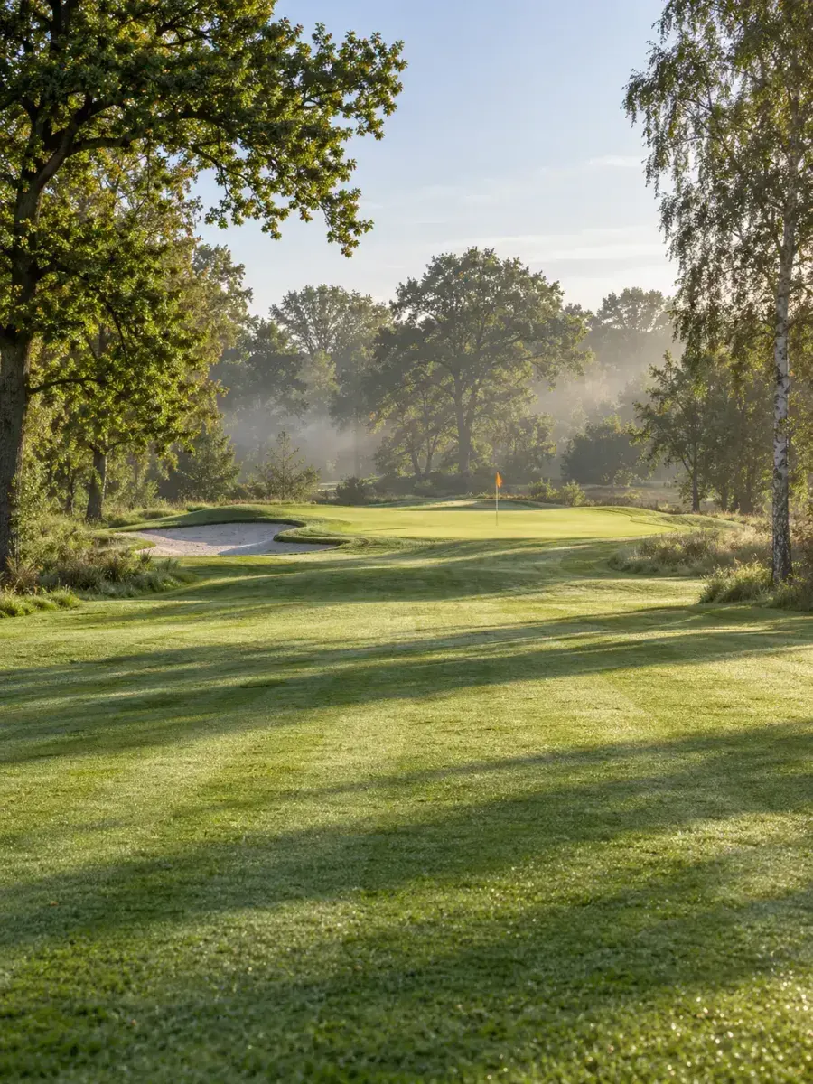 Korte golfbaan in de ochtenddauw met gemaaide banen, eiken en berken aan weerszijden en mist tussen de bomen