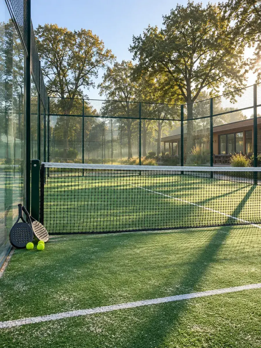 Lege padelbaan met glazen wanden in groene stalen kaders, twee rackets tegen de netpaal en ballen ernaast