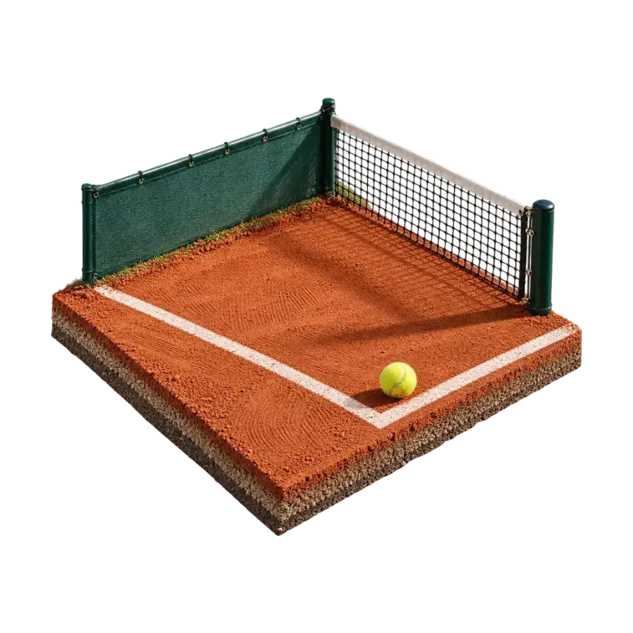 Maquette van een hoek van een gravelbaan met witte lijnen, een stuk net en windscherm en een kleine tennisbal