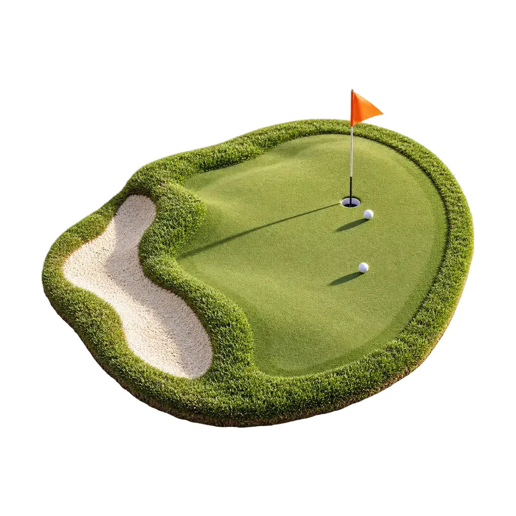 Maquette van een oefengreen met een oranje vlag, twee golfballen en een strook zandbunker