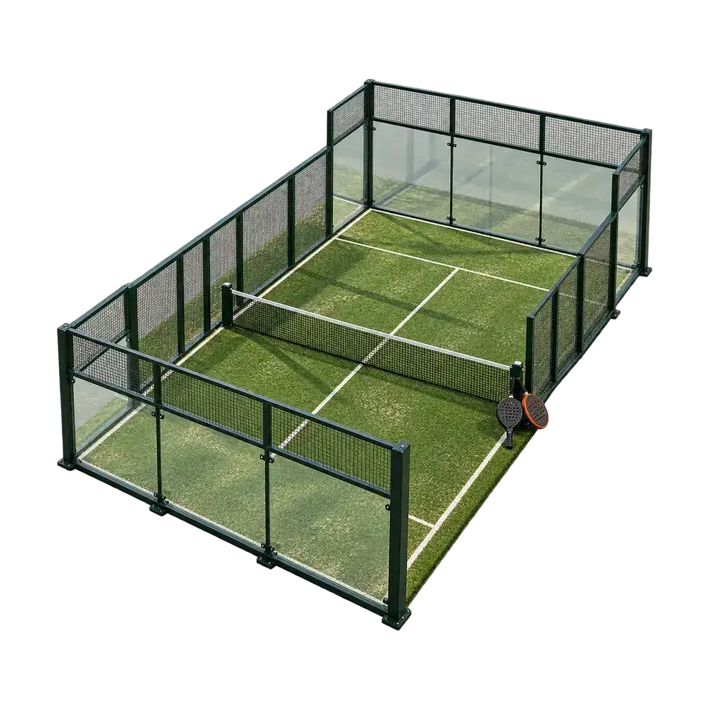 Maquette van een padelbaan met kunstgras, glazen achterwanden en twee kleine rackets bij het net