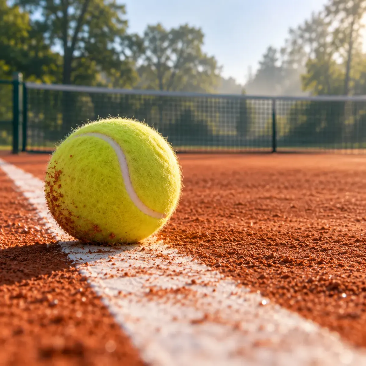Tennisbal precies op de witte lijn van een gravelbaan, met wat gravelstof aan het vilt