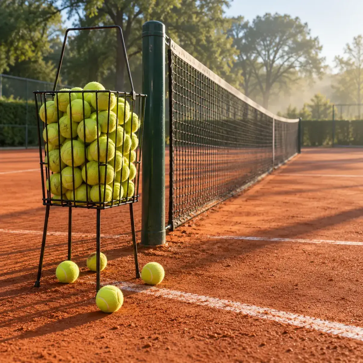 Draadmand vol tennisballen naast de netpaal op de gravelbaan