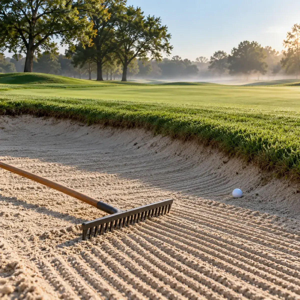 Bunkerhark in vers geharkt zand naast de green, met een golfbal bij de rand