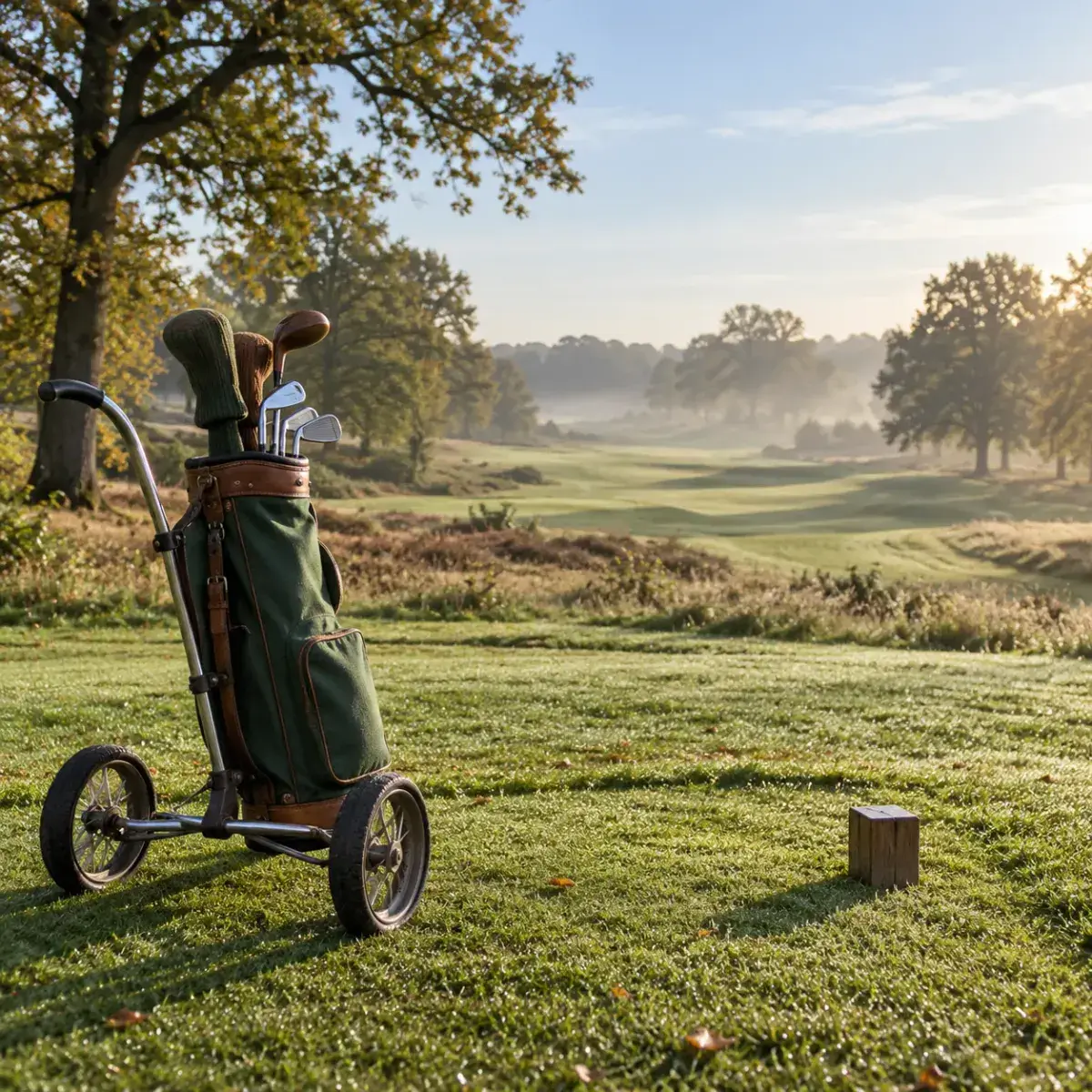 Groene golftas op een trolley bij de eerste afslag, met de fairway tussen de eiken