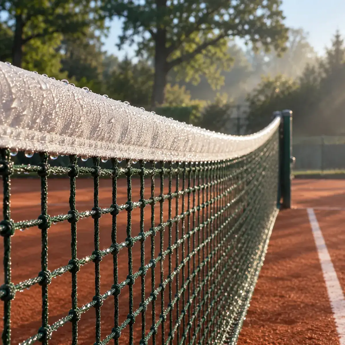 Dauwdruppels op de netband en het groene gaas van een tennisnet in het ochtendlicht