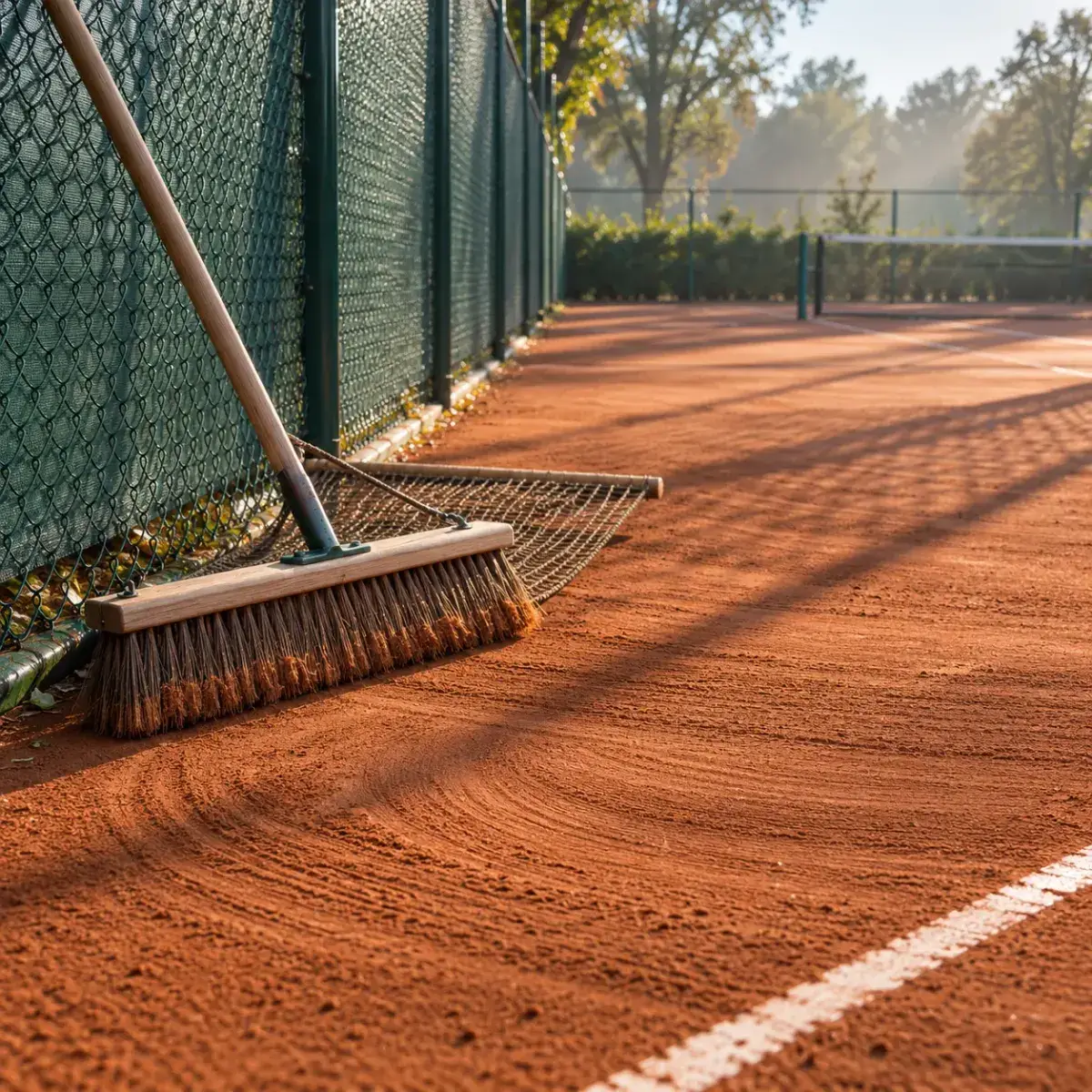 Sleepnet tegen het groene hek van een gravelbaan, met verse veegsporen in het gravel