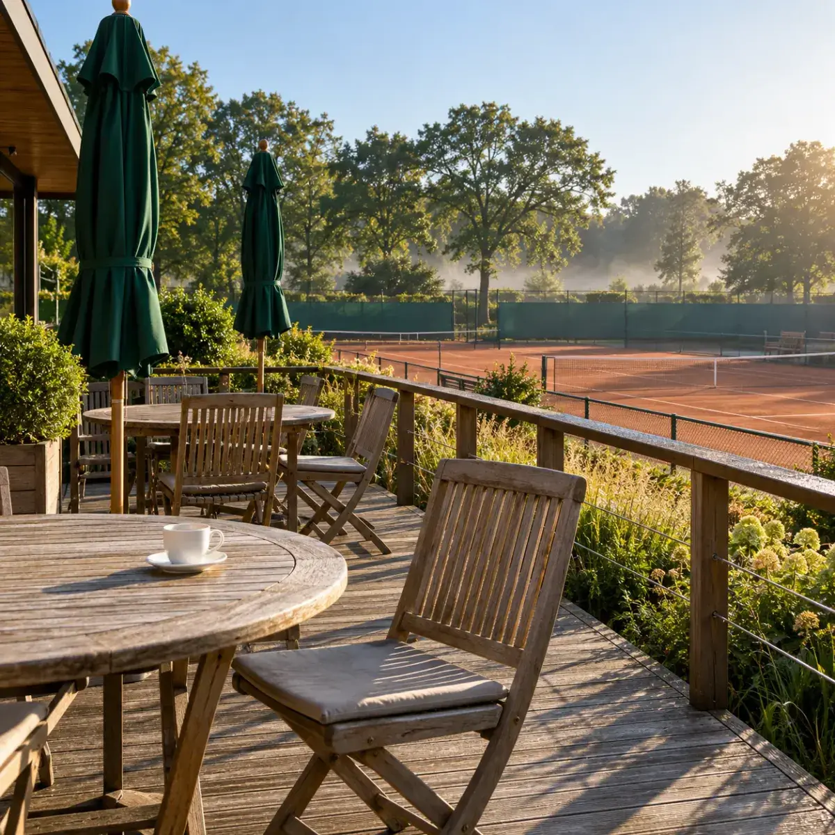 Houten terras van het clubhuis met teakhouten tafels, een kop koffie en de gravelbanen achter de reling