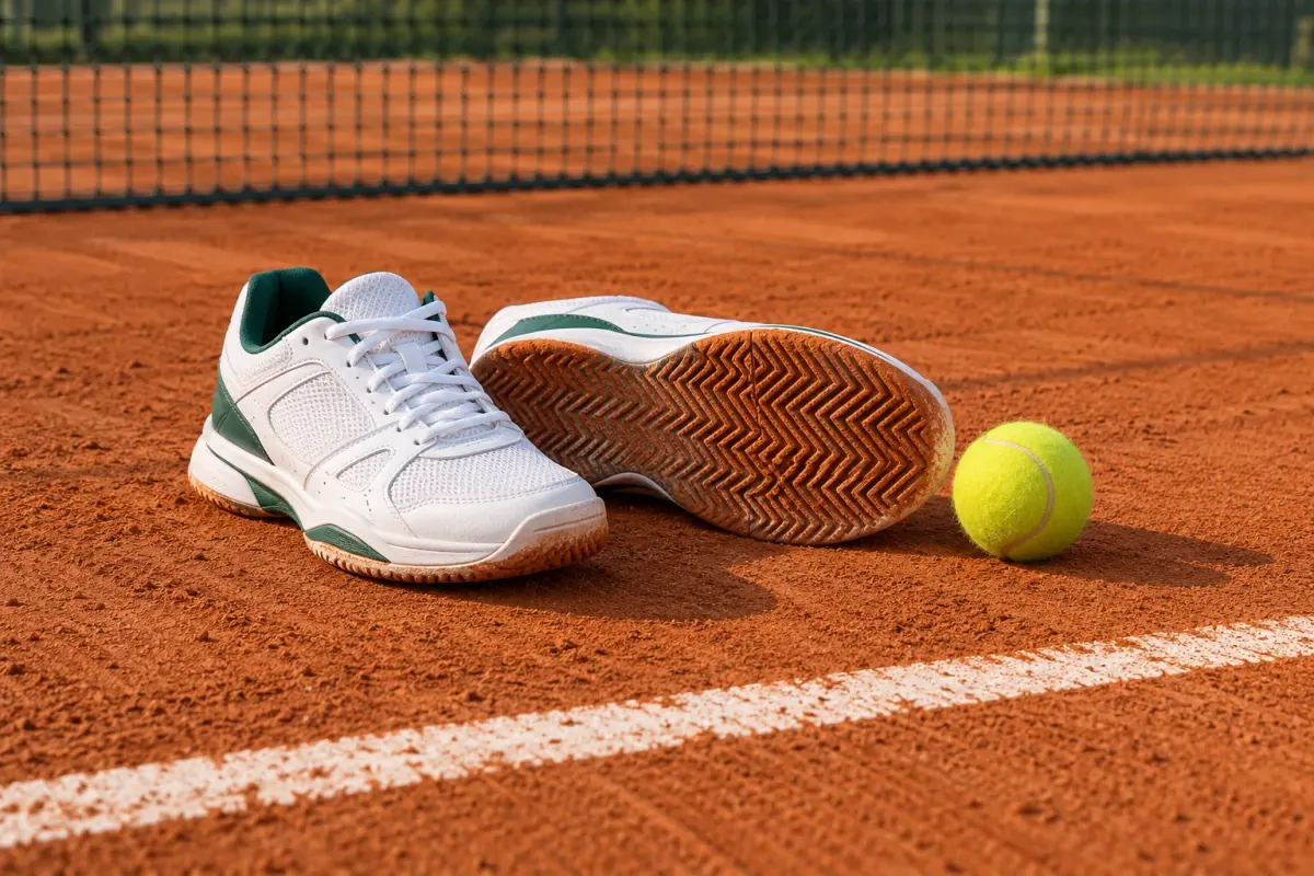 Twee witte tennisschoenen op een gravelbaan, één gekanteld zodat het visgraatprofiel met gravelstof te zien is