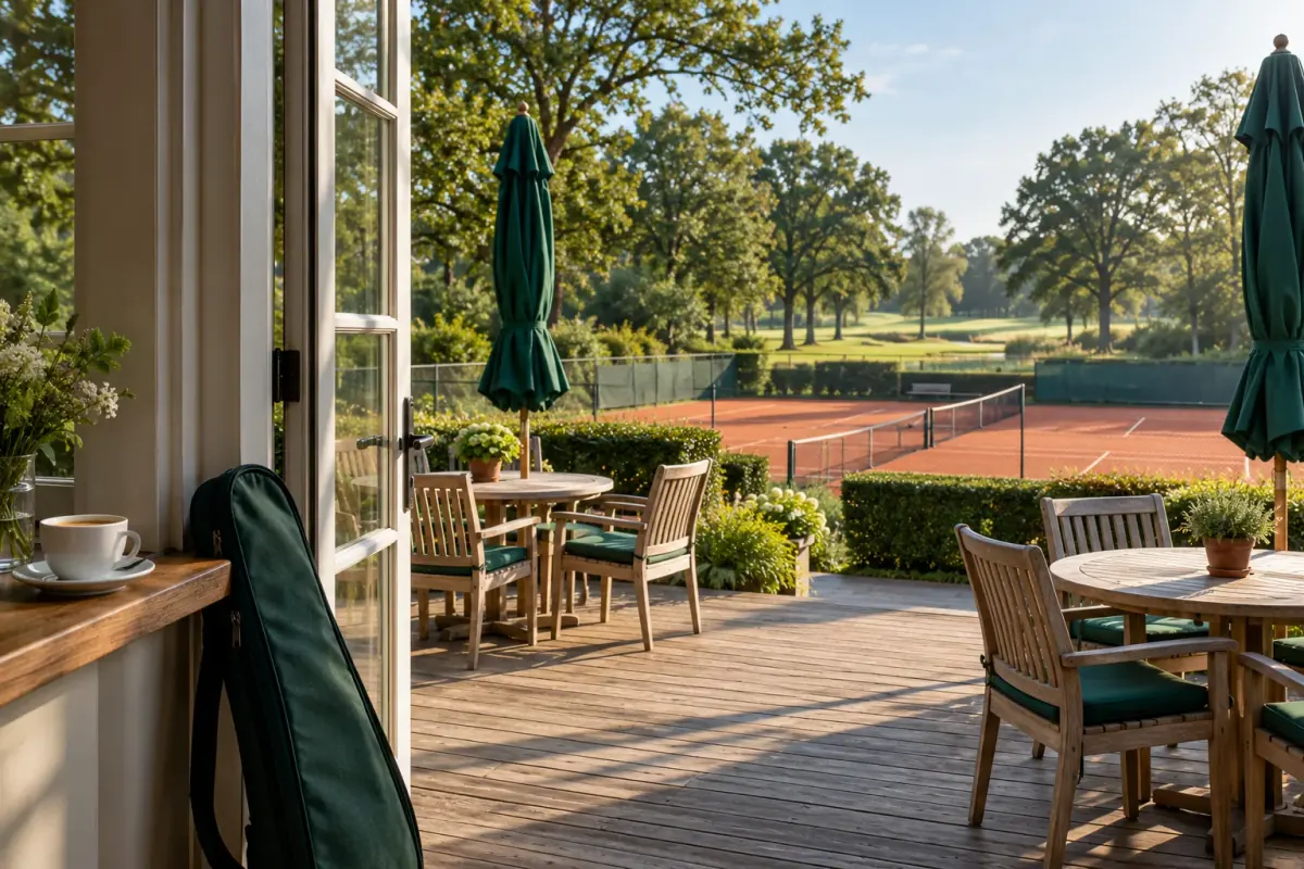 Uitzicht vanuit het clubhuis door een open glazen deur op het terras en de gravelbanen in de ochtend