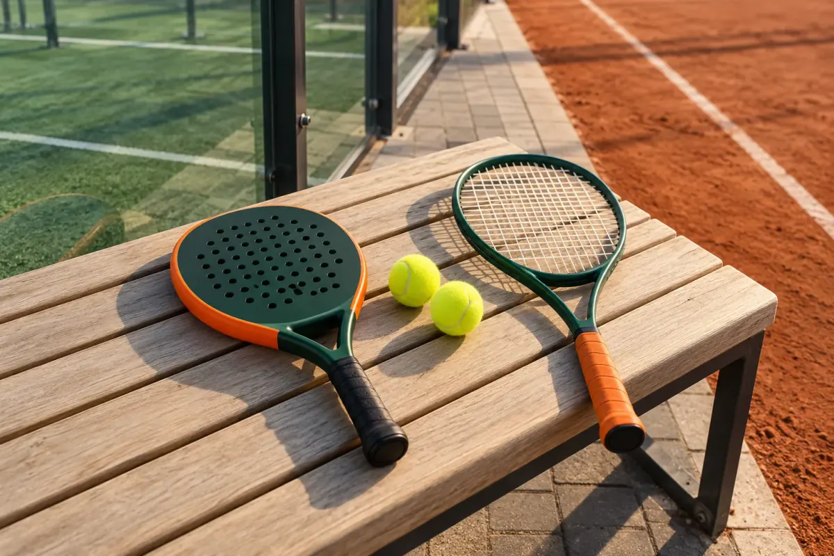 Een padelracket en een tennisracket naast elkaar op een houten bank, met ballen en een glazen wand op de achtergrond