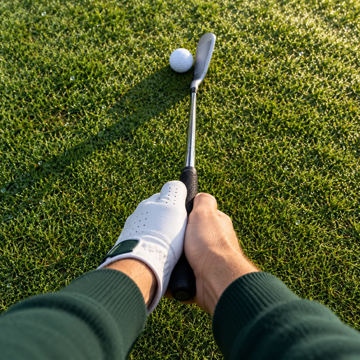 Handen in een witte golfhandschoen aan de grip van een ijzer, achter een golfbal op bedauwd gras