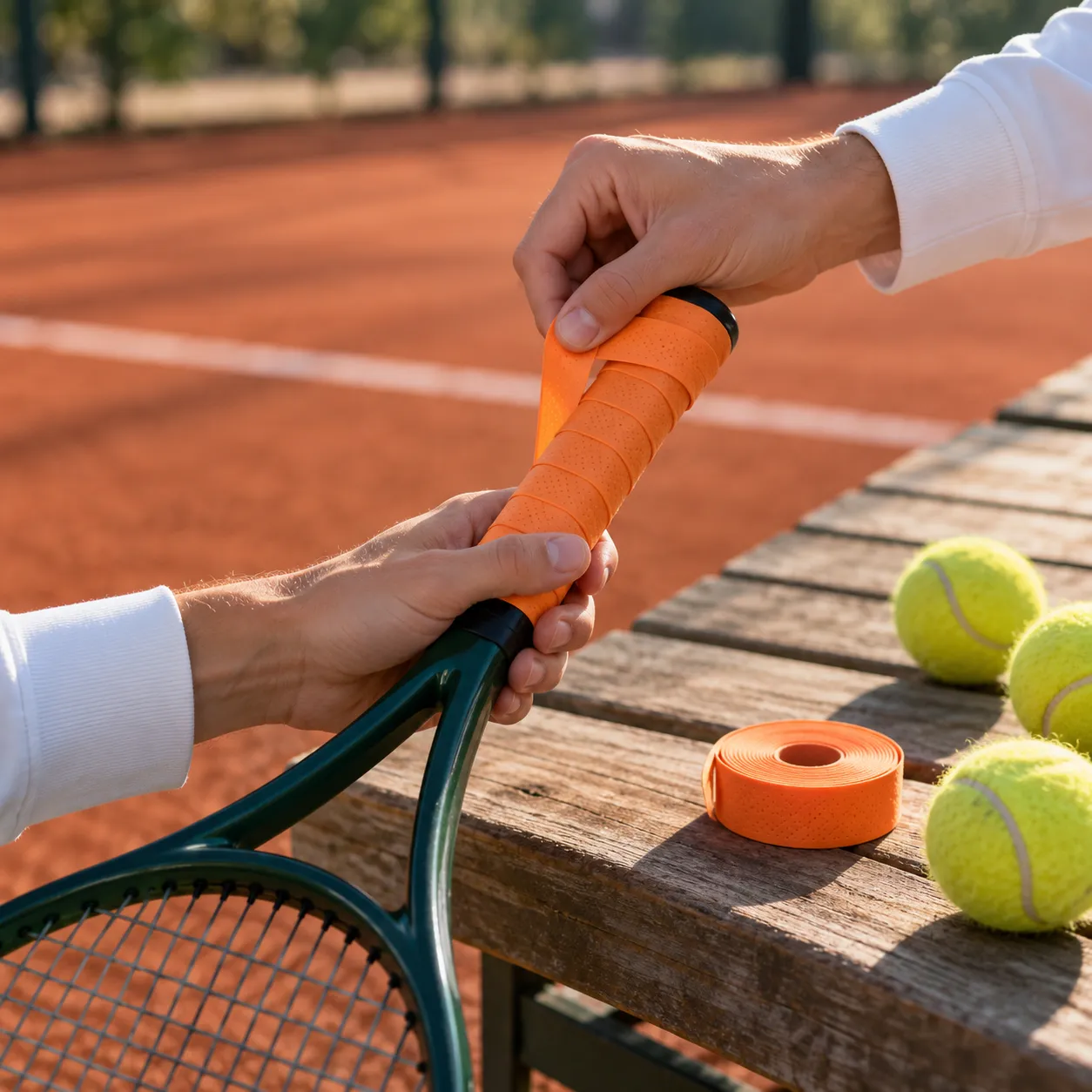 Handen die een oranje griplint om het handvat van een tennisracket winden, op een bank naast de gravelbaan
