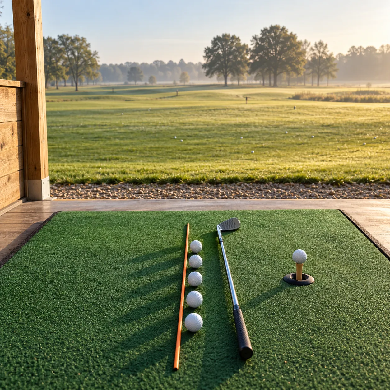 Golfballen op een rij langs een oranje richtstok op een afslagmat onder de overkapping