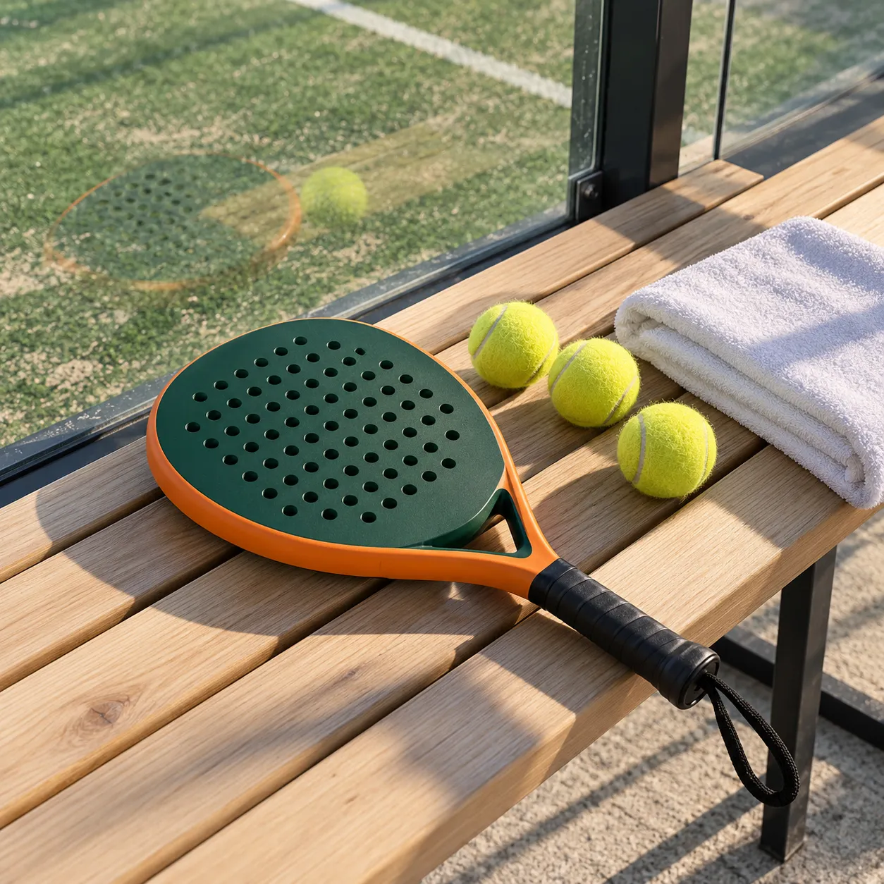 Padelracket met groen blad en gele ballen op een houten bank naast de glazen wand van de padelbaan