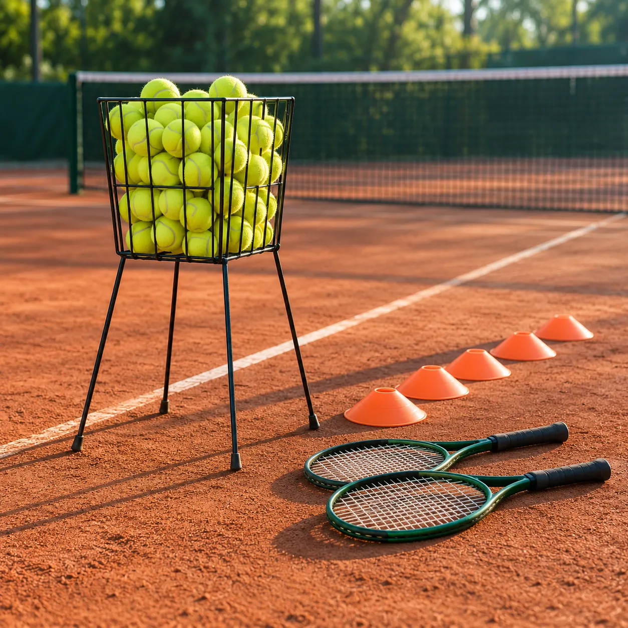 Ballenmand vol tennisballen met oranje pionnen en twee juniorrackets op de gravelbaan