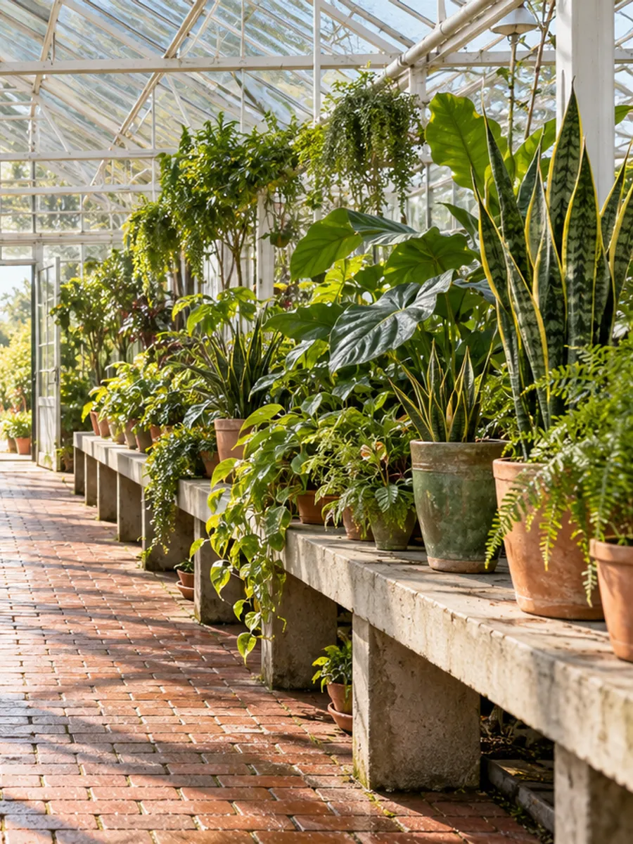 Verpotte plant in een terracotta pot op de werkbank