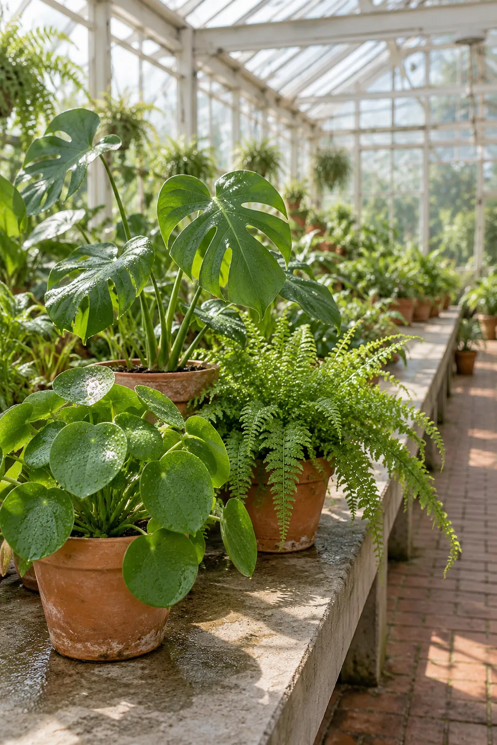 Kweektafel met kamerplanten in terracotta potten