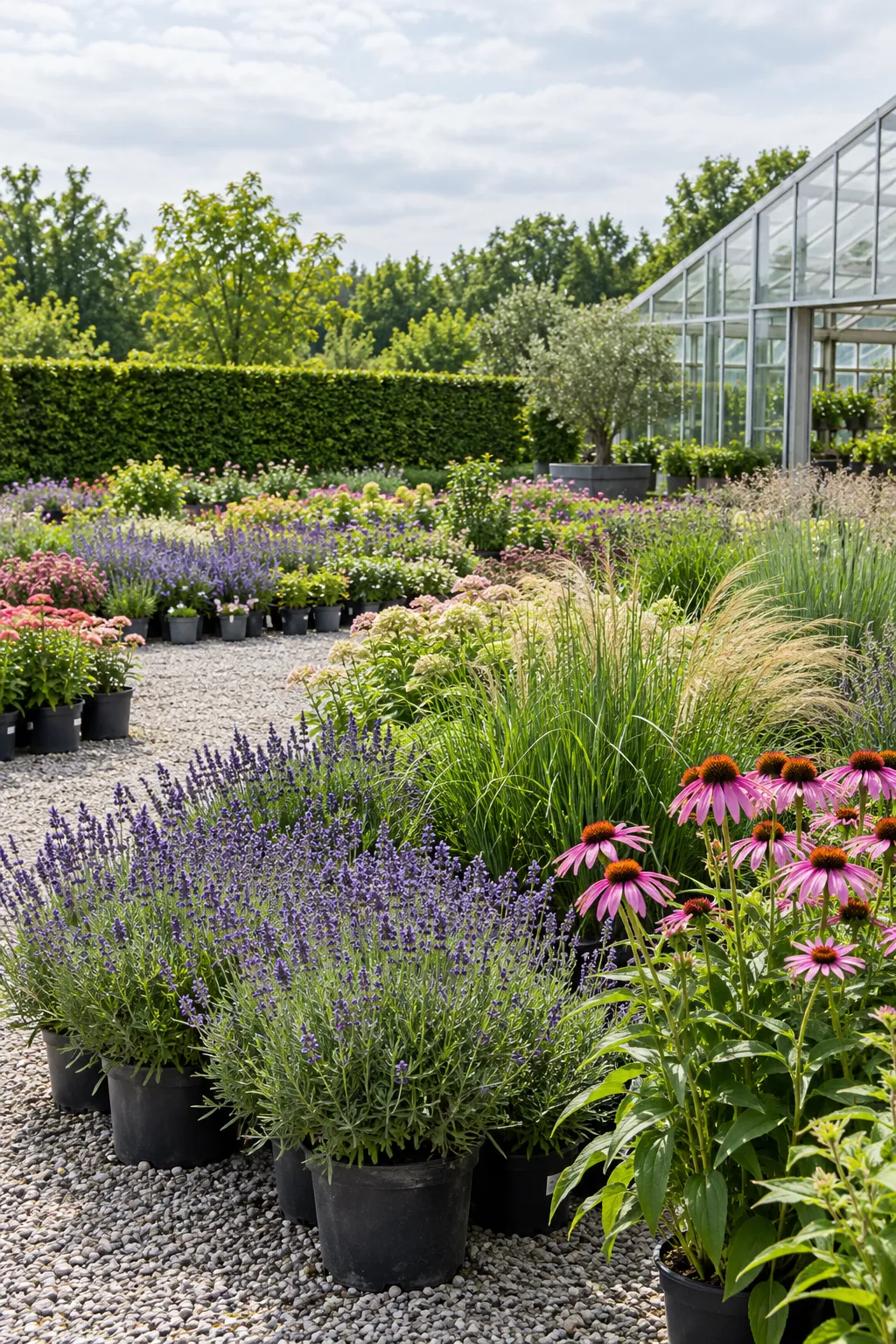 Buitenveld met vaste planten in kwekerspotten