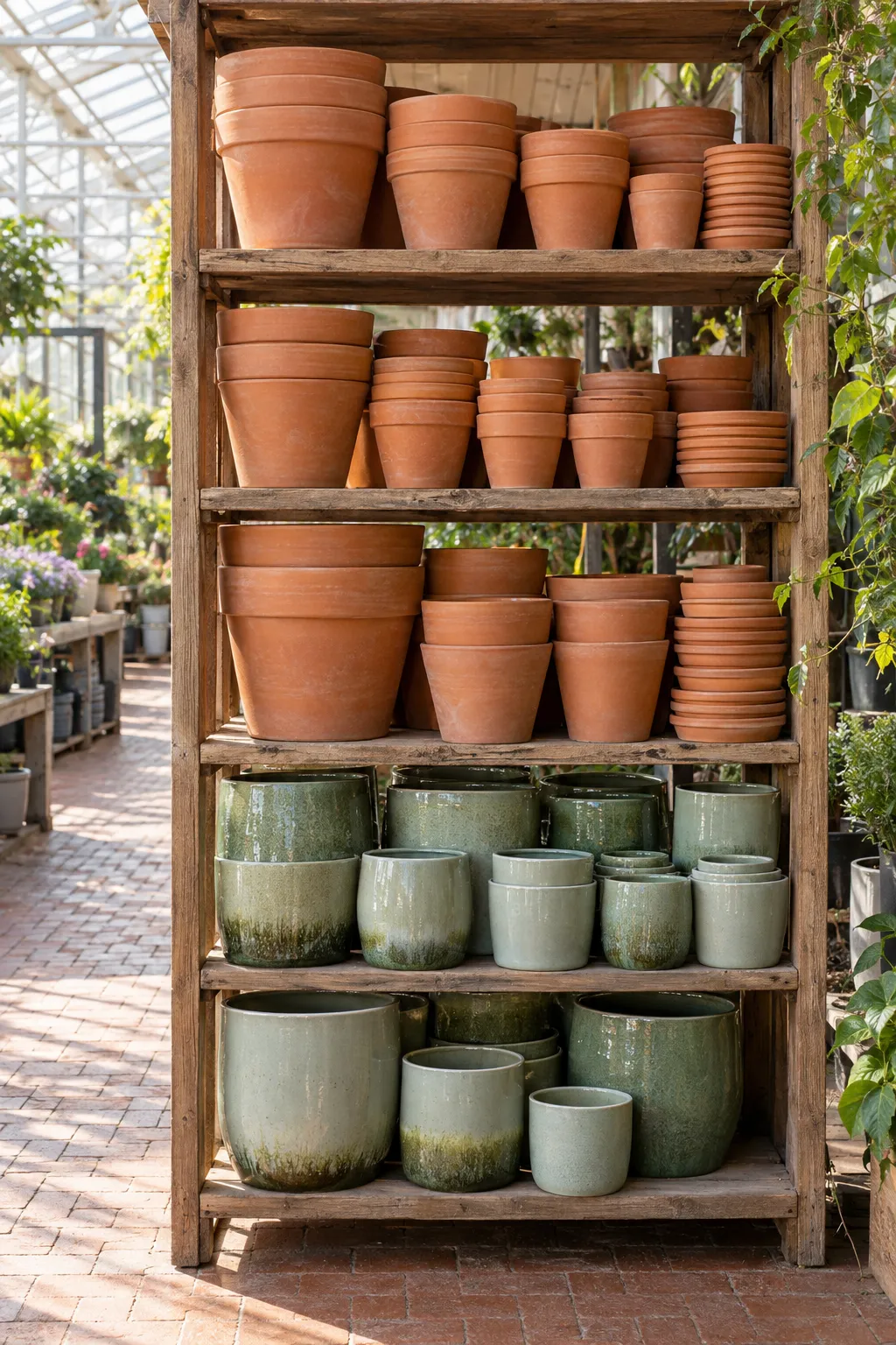 Rek met terracotta en geglazuurde potten