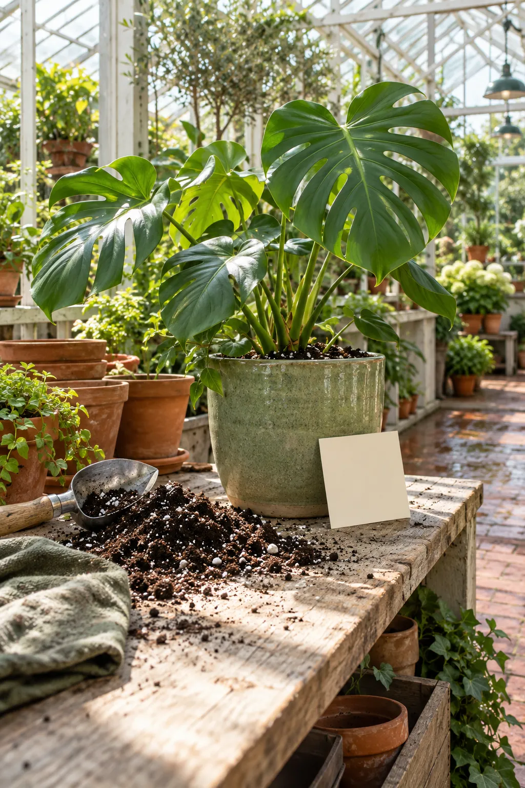 Werkbank met een verpotte monstera en een lege verzorgkaart
