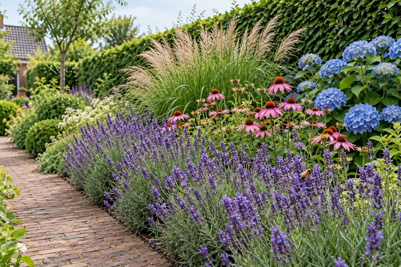 Zonnige border met lavendel, zonnehoed en siergras langs een klinkerpad