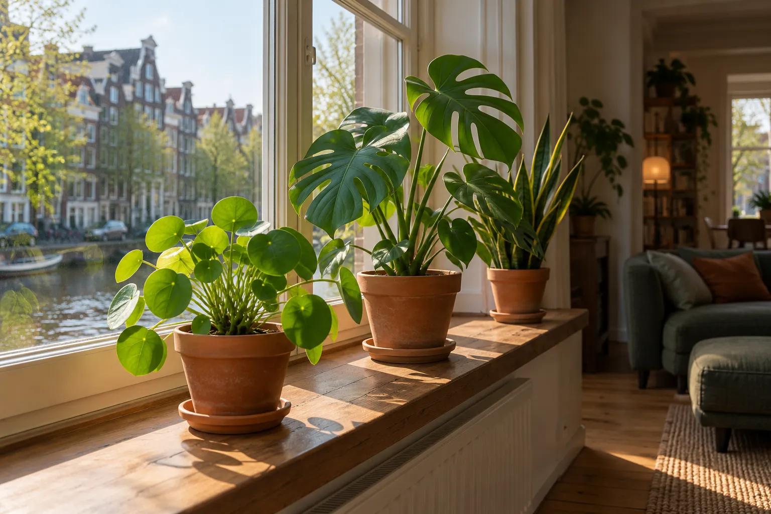Vensterbank met drie kamerplanten in terracotta en zacht ochtendlicht