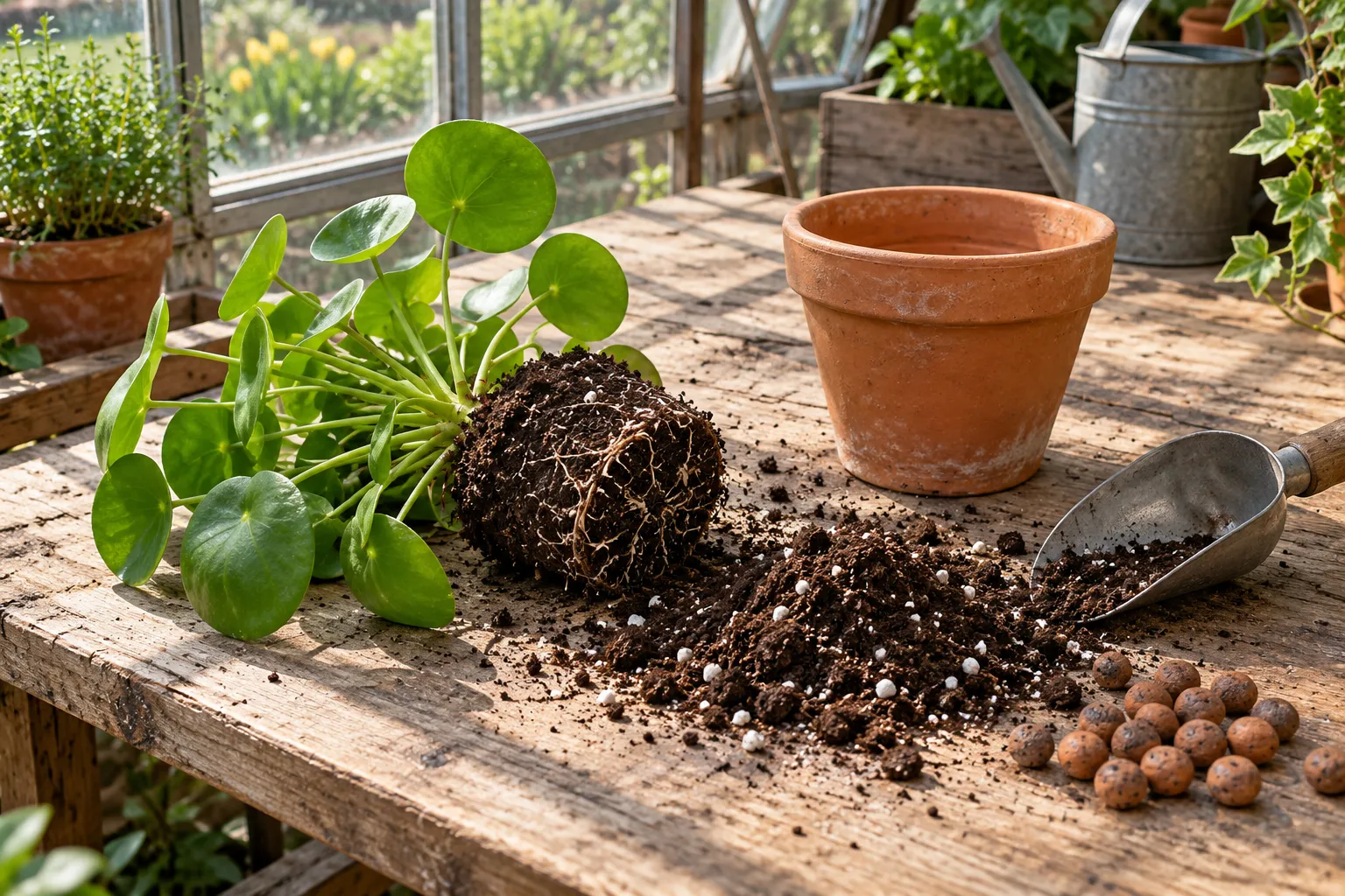 Werkbank met een plant uit zijn pot, een nieuwe terracotta pot en een hoop potgrond