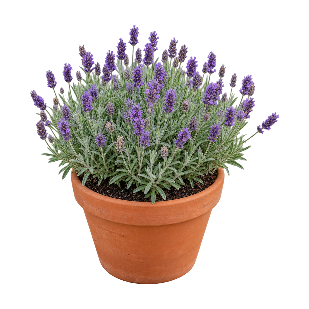 Lavendel in terracotta, een bol van grijsgroen blad met paarse bloemaren