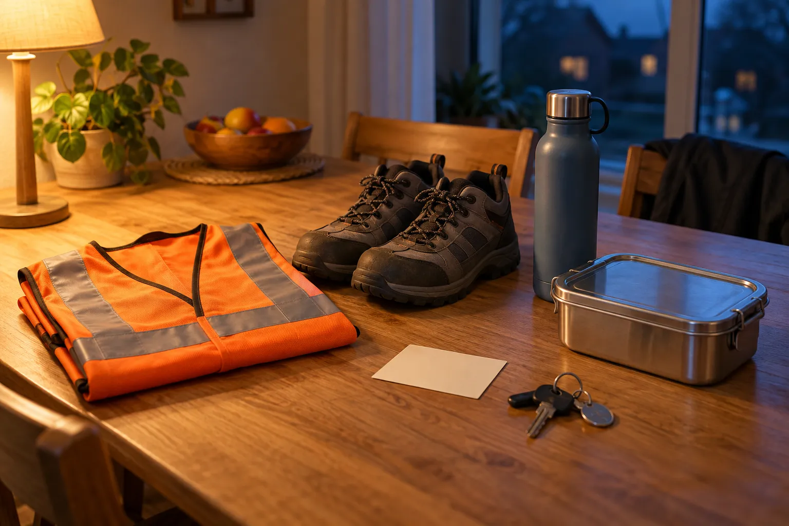 Keukentafel met een opgevouwen hesje, veiligheidsschoenen, een broodtrommel en een kaartje met een adres